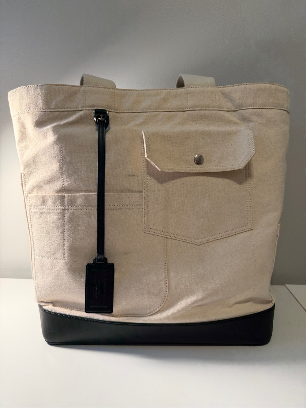Shinola Mackinac Cream Canvas Tote with Black Leather Base